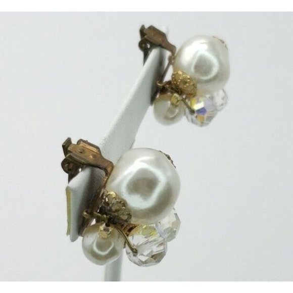 Earrings Clip On Faux Pearl AB Rhinestone Vintage - Picture 4 of 12